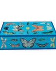 Front view of Jonathan Adler Large Lacquer Botanist Box in peacock blue lacquer with butterflies design – available at Spacio India.