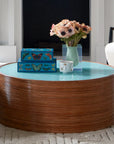 Jonathan Adler Large Lacquer Botanist Box styled on a glass-top table – bold blue lacquer finish and velvet lining, now at Spacio India.