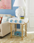 Jonathan Adler Medium Lacquer Botanist Box styled on a golden and white modern side table in a vibrant living space, exclusively at Spacio India.