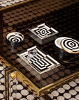 Jonathan Adler Op Art Square Tray displayed on a luxury gold-edged table, styled with bold black and white geometric patterns, available at Spacio India.