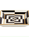 Close-up of Jonathan Adler Op Art Square Tray made of high-fired porcelain with gold detailing, showcasing a striking black and white spiral design.