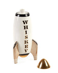 Close-up of the Jonathan Adler Rocket Whiskey Mid-Century Decanter with the golden cap removed, showcasing its elegant design in white porcelain with real gold detailing. Available online and at Spacio India.
