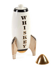 Close-up of the Jonathan Adler Rocket Whiskey Mid-Century Decanter with the golden cap removed, showcasing its elegant design in white porcelain with real gold detailing. Available online and at Spacio India.