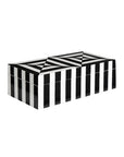 Angled view of the Jonathan Adler Op Art Small Box with dynamic black and white lacquer stripes and pyramid-style top, part of the designer home accents available at Spacio India.