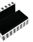 Close-up of the open Jonathan Adler Op Art Small Box displaying black interior lining, luxury home accessory crafted in lacquer and offered by Spacio India.