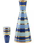 Jonathan Adler Chroma Large Blue Decanter with lid placed separately, emphasizing intricate gold accents and blue glaze finish, available at Spacio India.