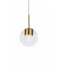 Pendant light with clear glass shade and gold metal fixture on a white background by KDLN, available at Spacio in India.