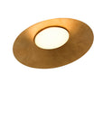 Gold circular light fixture on a white background