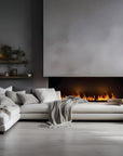 Modern living room with an artificial water vapour fireplace and white sofa