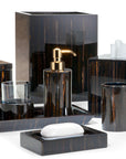 Labrazel bathroom accessory set in fernwood with black and gold finishes on a white background at Spacio retail store in Mumbai