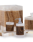 Onix Mocha bathroom accessory set from Labrazel with brown and white marble pattern on a white background at Spacio retail store in Mumbai