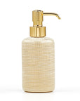 Woven Gold Glass Soap Dispenser from Labrazel on a white background at Spacio retail store in Mumbai