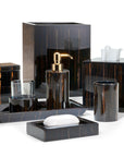 Labrazel bathroom accessory set in fernwood with black and gold finishes on a white background at Spacio retail store in Mumbai