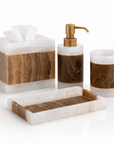 Onix Mocha bathroom accessory set from Labrazel with brown and white marble pattern on a white background at Spacio retail store in Mumbai