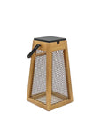 Wooden solar lantern with mesh design and black top on a white background by Les Jardins available at Spacio retail stores in Mumbai & Kolkata.