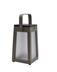 Dark gray outdoor lantern with a handle on a white background by Les Jardins available at Spacio retail stores in Mumbai & Kolkata.