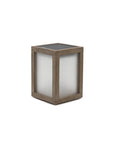 Square outdoor solar table lamp with wooden frame and glass cover on a white background by Les Jardins available at Spacio retail stores in Mumbai & Kolkata.