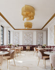 Modern restaurant interior illuminated by the Lustralis chandelier by Masiero, Italy - a statement lighting piece available at Spacio retail stores in India.