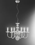 Minimal Italamp Evoque six-light chandelier with curved arms and white Murano-style glass, Italian lighting design at Spacio India