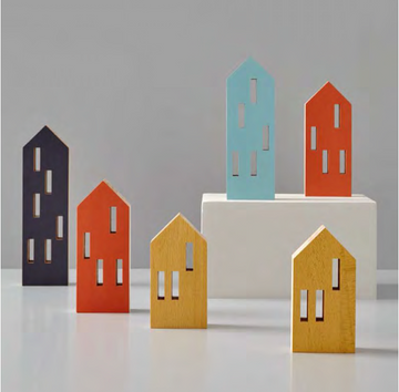 A set of Madlab ML City Opening Original (4pc set) colorful wooden houses on a white surface.