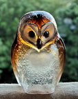 Maleras Brown Crystal Owl Swedish Glass Art with natural background – fine Swedish crystal owl sculpture by Maleras, luxurious handcrafted decor at Spacio India.