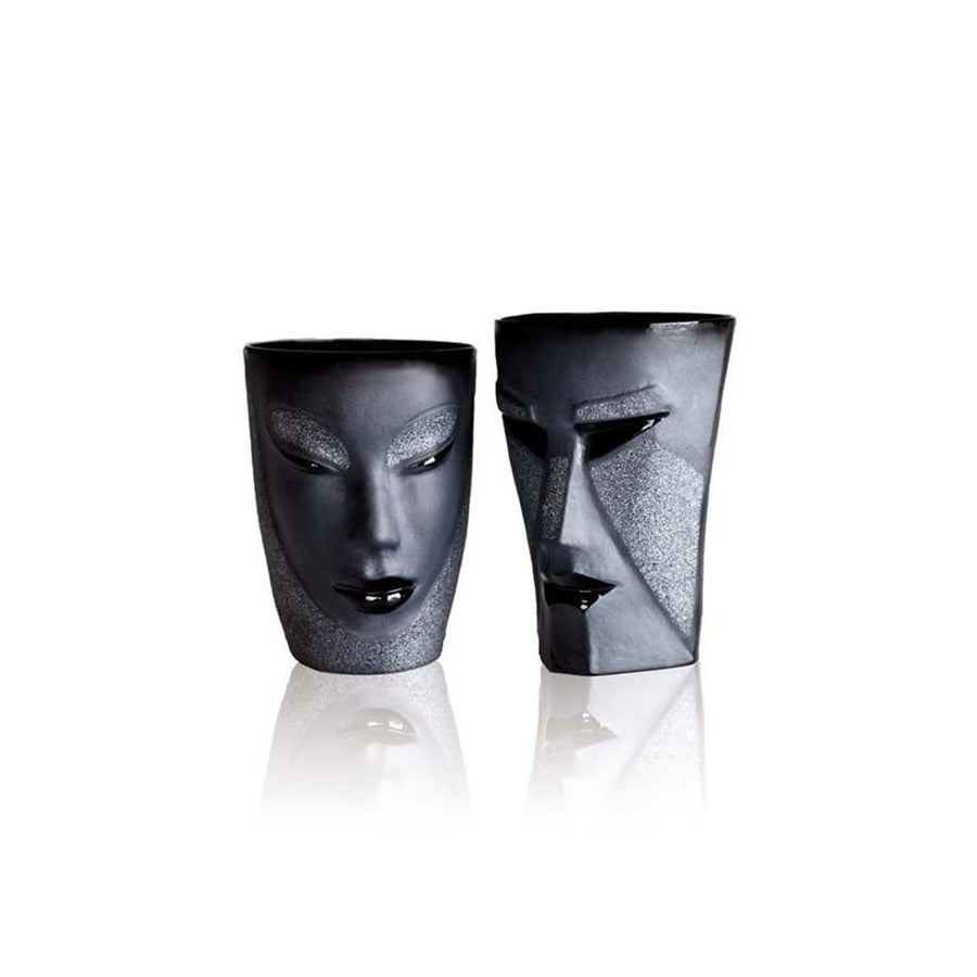 Crystal Kubik Black Tumbler with Electra Black Tumbler from Masque collection by Maleras on white back ground for modern interiors available at Spacio India from the Drink ware of Bar Accessories Collection.