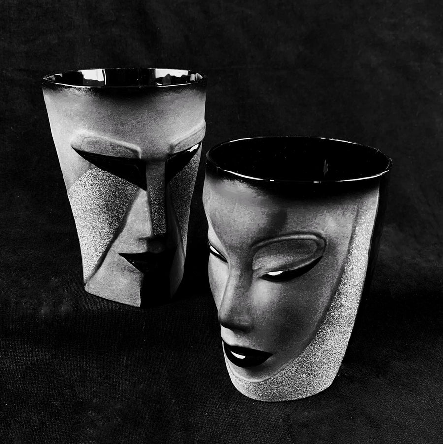 Crystal Kubik Black Tumbler with Electra Black Tumbler from Masque collection by Maleras on black back ground for modern interiors available at Spacio India from the Drink ware of Bar Accessories Collection.
