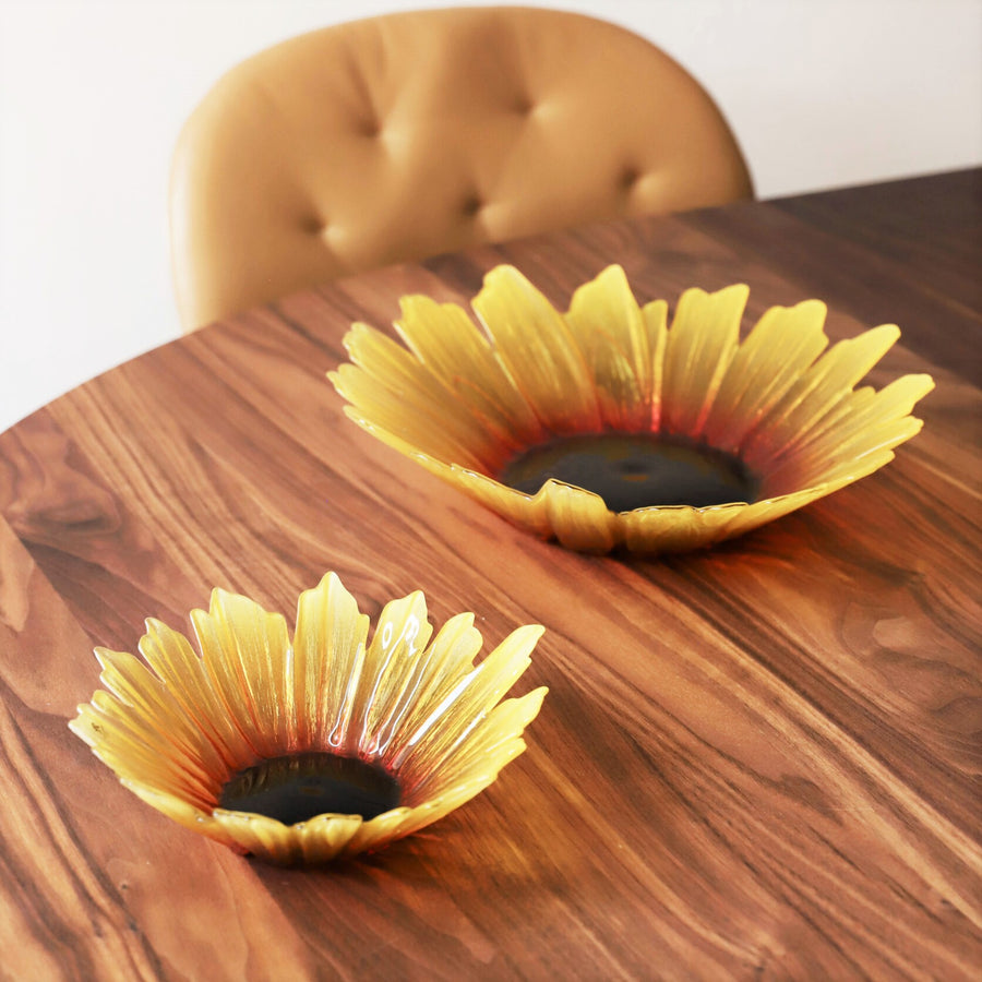Maleras Crystal Sunflower Bowl Large Bowl with other Sunflower Small Bowl on wood dining table in dining interior room for modern homes available at Spacio India from Decor Accessories and Tableware Collection of Decorative Bowls.