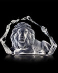 Maleras Lion Limited Edition Sculpture. Handmade Swedish cast crystal sculpture of a lion with detailed engraving and sandblasted motif. Designed by Mats Jonasson. Limited edition of 299 pieces.