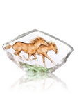 Maleras Large Crystal Horse Swedish Art Glass Sculpture showcasing two finely crafted, galloping horses in rich brown shades with engraved, painted, and sandblasted details, available internationally from Maleras at Spacio India retail stores and online.