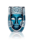 Maleras Malik Swedish Crystal Art limited edition sculpture, front view highlighting intricate floral motif and teal blue painted cast crystal, available at Spacio India.