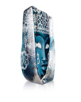 Profile view highlighting depth and texture of limited edition Maleras Malik Swedish Crystal Art, handcrafted crystal sculpture in teal blue, presented at Spacio India.