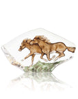 Maleras Small Brown Crystal Horses Glass Sculpture (Limited Edition), clear background highlighting the finely engraved and painted motif of two galloping horses, Swedish art crystal by Maleras, offered by Spacio India.