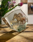 Maleras Small Brown Crystal Horses Glass Sculpture (Limited Edition), artistic presentation in a luxury decor setting, featuring the refined crystal detailing of galloping horses, exclusive from Maleras at Spacio India stores and online.