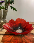 Maleras Red & Black Small Crystal Poppy Bowl artfully placed on a rustic wooden table, detailed sandblasted design by Maleras at Spacio India.