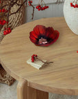 Maleras Small Crystal Poppy Bowl elegantly placed on a modern wooden table with seasonal berries and decor, handcrafted by Maleras, available at Spacio India.