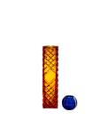 Two crystal decor components, one amber patterned vase, the other blue T-light candle holder, on a white background.