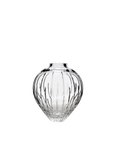 Clear crystal vase on a white background by Mario Cioni, available at Spacio retail stores in India.