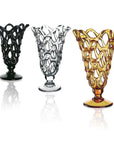 Three Mario Cioni Crystal Arabesque Vases Amber, showcasing exquisite crystal ware.