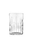 Clear crystal vase with tulip textured design on a white background