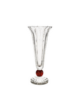 Clear crystal vase with a red accent on a white background