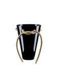Black crystal vase with a rope handle on a white background
