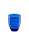 Blue crystal vase with textured design on a white background