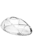 Clear crystal sculptural centrepiece with geometric design on a white background
