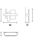 Technical drawing of a mechanical component with dimensions labeled H, W, and D.