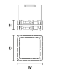 Technical drawing of a rectangular chandelier with dimensions labeled H, D, and W.