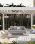 Modern outdoor patio with white pergola, sofa, and chandeliers style floor lamp.