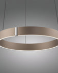 Modern pendant light with two circular rings on a gray background