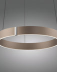 Modern pendant light with two circular rings on a gray background