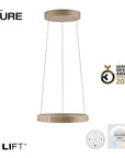 Neuhaus Pure pendant light with e-LIFT branding and German Design Award Special 2024 badge on a white background.